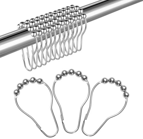 VANZAVANZU 12PCS Anneaux de Douche en Acier Inoxydable 65 x 36 mm Crochets de Rideau Antirouille avec Système Coulissant Billes Glissant en Métal pour Tiges de Rideau de Douche, Nickel Poli