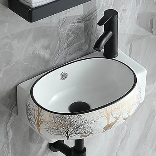 Lavabo In Ceramica Ad Angolo Bianco,Lavandino Bagno Sospeso,Lavabo Bagno Angolare Sospeso In Ceramica Bianca Lucida,Design Salvaspazio,Lavello In Ceramica Ad Angolo Con Foro(Golden Deer (R))