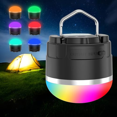 Phylosal LED Camping Laterne Wiederaufladbar, 1000LM Tragbare Zeltleuchte mit 12 RGB Beleuchtungsmodi, Power Bank, Wasserdicht, Mini Taschenlampe mit Magnetfuß für Notfall, Stromausfälle, Wandern,