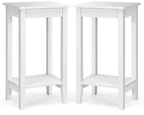 GIANTEX Uppsättning av 2 sidobord soffbord med hylla, nattduksbord i 2 nivåer, soffbord nattduksbord trä, rektangulärt förvaringsbord hallbord enkelt, telefonbord, växtbord, träbord (vitt, set om 2)