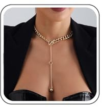 Yheakne Punk Long Chain Y Drop Necklace Gold Cuban Chain Necklace Choker Round Ball Y Lariat Necklace Chunky Toggle Choker Necklace Jewellery for Women, Zinc