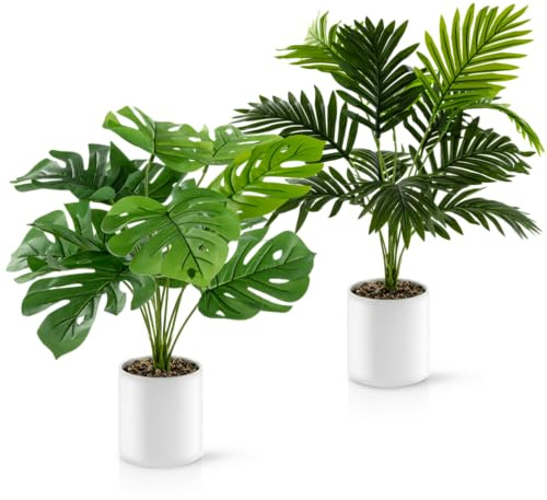 PASCH Set med 2 monstera konstgjord och Areca konstpalm (60 cm) i vita keramiska krukor: stora konstgjorda växter | konstgjorda växter som äkta | falsk växt | konstgjorda växter i kruka