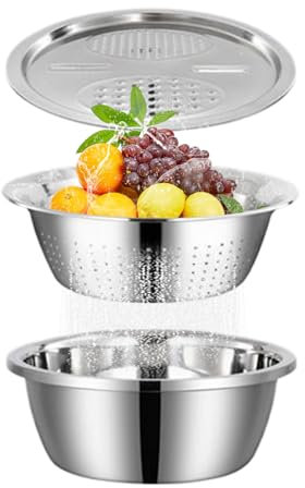 Set di ciotole in acciaio inox – ciotole per la preparazione degli alimenti, cestino di scarico multiuso | colandra per riso, insalatiera, cucina, lavabile per frutta, pasta, cottura, conservazione