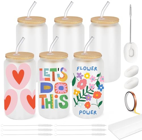 Cafultgo Sublimation Blanks Sublimation Tumblers 6 Pcs Thermal Transfer Glass Jar avec paille et couvercle, tasse glacée pour cocktails, whisky, cola, jus, soda, thé, eau, ensemble cadeau