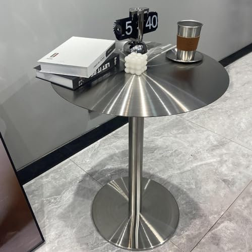 AYVADA Moderner, runder hoher Tisch für Pub, Esszimmer, Küche, Bar, mit silberner Edelstahlplatte und stabilem Fuß, Bistrotisch/Cocktailtisch