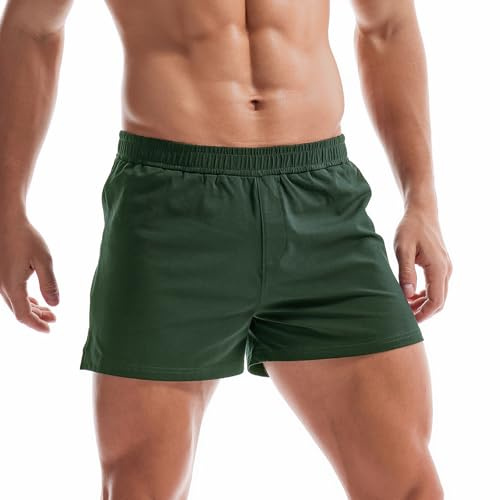 Amy Coulee sovbyxor, män, kort bomull 3 tum, sovshorts, lätta pyjamasbyxor, män, korta sidoslitsar, shorts, Mörkgrön, L