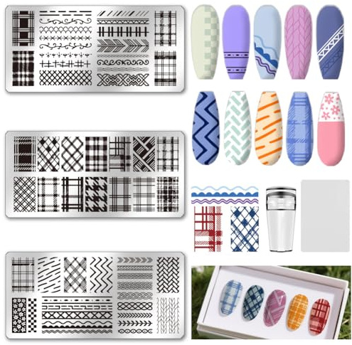 UNICRAFTALE 3Pcs Ensemble de Plaques de Tampon pour Ongles Texture Treillis Pochoirs pour Ongle Argyle à Carreaux Modèle de Tampon pour Nail Art avec Grattoir pour Femmes Outils de Conception D'Ongles