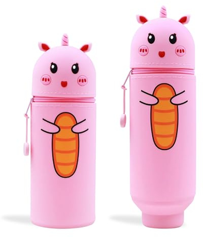 EEPLUYTY 2-In-1 Weiche Silikontasche - Kawaii, Kawaii Federmäppchen, Kinder Federmäppchen, DIY Niedlicher Cartoon, Stile (Rosa Einhorn)