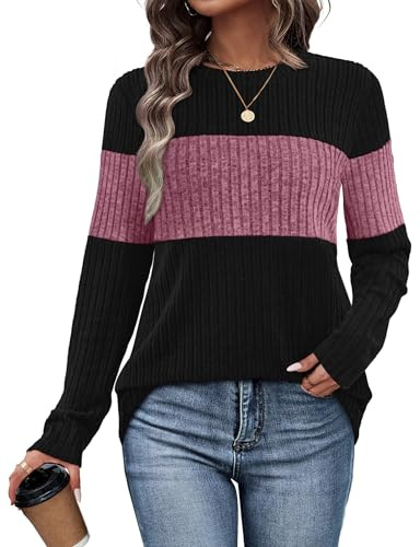 WIHOLL Long Sleeve Tops Women Dressy Fall Outfits 2025 Ladies Crew Neck Jumpers Color Block Winter Christmas Sweaters Purple Size 14-16