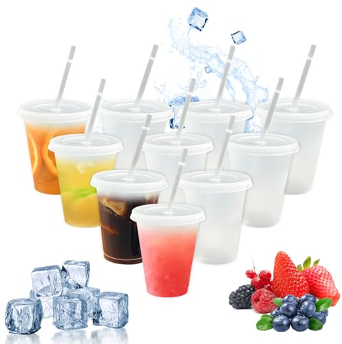 10Pcs Plastic Cups with Lids and Straws, 480ml 16oz Reusable Party Drinking Tumblers, BPA Free Kids Adults White Cold Water Cup for Iced Coffee Smoothie Milkshake Juice Ideal for Travel Camping Picnic