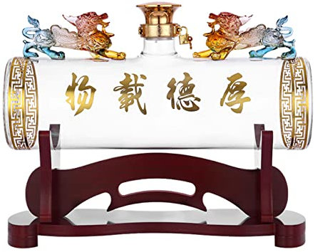 GAOAZHEN Decanter per Whisky con Elementi Cinesi per liquori, capacità Extra Large, Decanter in Vetro Trasparente con Supporto in Legno, Bottiglia di Vino Artigianale Creativa per caraffa di Rum e VI