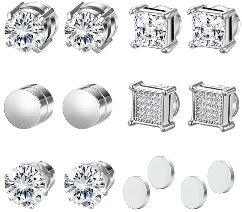5 Pairs Stainless Steel Magnetic Stud Earrings for Men Women, Non Piercing Clip On CZ Stud Earrings Set Fashion Fake Earrings Jewelry Set for Sensitive Ear (8mm)