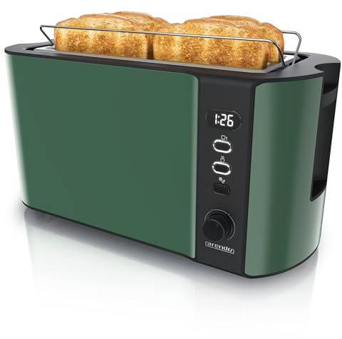 Arendo - Edelstahl Toaster Langschlitz 4 Scheiben - Defrost Funktion - wärmeisolierendes Gehäuse - mit integrierten Brötchenaufsatz - 1500W - Krümelschublade - Display mit Restzeitanzeige