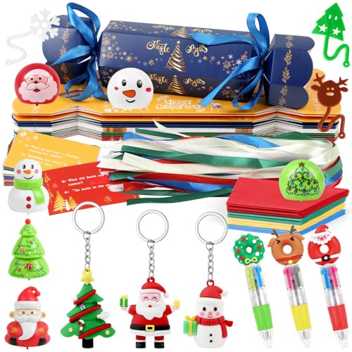 DERAYEE 15 Pack Christmas No-snap Party Table Favors with Prizes, DIY Merry Christmas Crackers with Little Toys, Party Hat & Riddles for Xmas Winter Holiday Party Supplies Gifts Table Decorations
