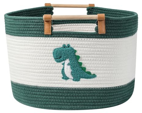 Grande Cesto Coperta 35L Cesto in Corda di Cotone con Manici in Legno Cesti Intrecciati per Giocattoli di Peluche dei Bambini, Contenitore per Pannolini, Panni Lavanderia, Panno per Neonati