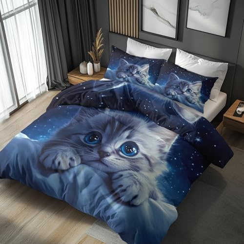 Generisch Katze Bettwäsche 135x200 Bügelfreie - Gute Nacht Sterne Muster, Renforce Wendebettwäsche Bettbezug 2er Set Cozy Mikrofaser Mit Reißverschluss, 1 Kissenbezug 80x80, Geschenk Katze