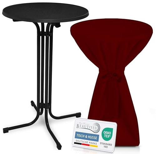 Beautissu Stehtisch klappbar mit Stehtischhusse & Schleifenband rund | 70cm Schwarzer Tisch Husse Bordeaux wetterbeständig Outdoor Bistrotisch kratzfest UV-beständig rutschfest waschbar Bellini