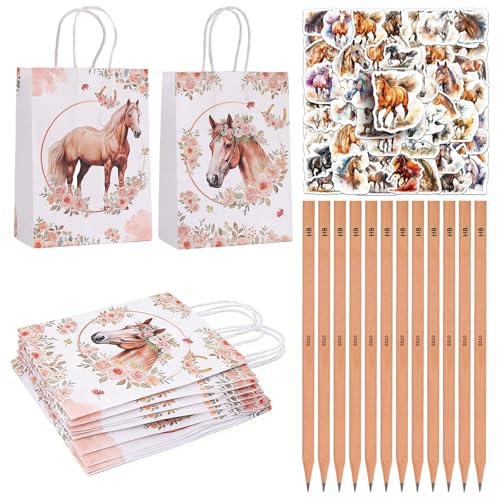 74 Stück Mitgebsel Pferdegeburtstag Kindergeburtstag, Set Give Aways Pferde | Geburtstagsdeko 12 Pferd Bleistifte, 12 Geschenktüten und 50 Sticker, Pferdegeburtstag für Kinder Jungen Mädchen
