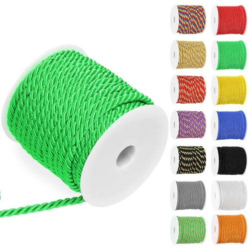 Swpeet 5mm 19 Iarde Cordone Intrecciato Verde 3-Trefoli Poliestere Cordone Decorativo Lucido Filo di Viscosa per Cucito & Hobby Decorazione Casa Tenda, Tiro Tenda, Borsa Regalo Fai Da Te
