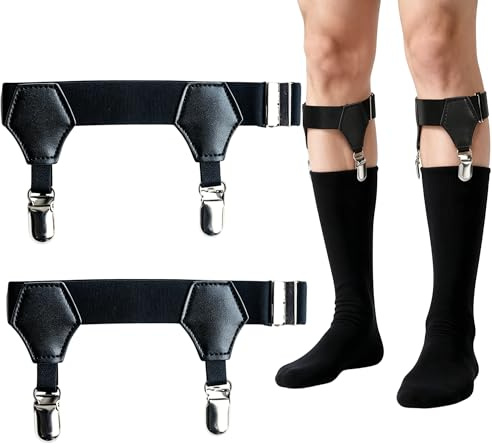 Elenviorina 2pcs Men’s Sock Suspenders, Adjustable Spandex Sock Garters with Non-Slip Metal Clips, Black Elastic Suspenders for Daily, Business and Formal Wear