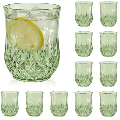 XYUNE 12 Pack Plastic Stemless Wine Glasses, Green 350ml Drinking Cups