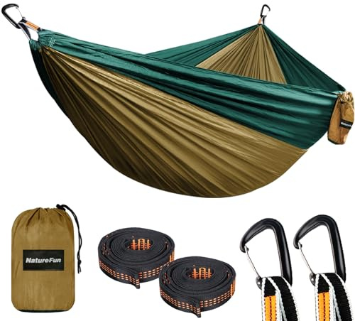 NatureFun ultralätt hängmatta för resor | 300 kg lastkapacitet, (300 x 200 cm) andningsbar, snabbtorkande fallskärmsnylon | 2 x premium karbinhakar, 2 x nylonslingor ingår | För utomhus inomhus