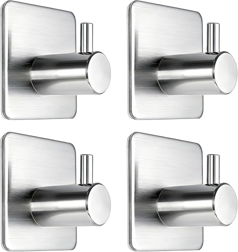 Fotosnow Adhesive Towel Hooks 15lbs Heavy Duty Wall Hooks Waterproof Stainless Steel Hanger for Hanging Coat, Hat, Towel Robe Hook Rack Wall Mount- Bathroom and Bedroom 4-Packs