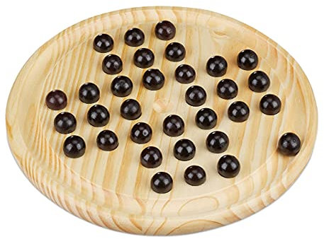 Relaxdays Solitaire Spiel, rundes Spielbrett, 33 Kugeln, Kinder & Erwachsene, 1 Spieler, Holz Brettspiel, natur/schwarz