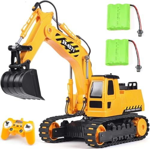 DOUBLE E Remote Control Excavator Toy, 2*Batteries 2.4GHz RC Excavator, 6-in-1 Digging/360° Rotation, 20M Range Sandbox Construction Toys Birthday Gift for Boys/Kids 6+ Years