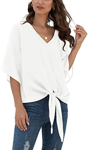 VIISHOW Womens Tie Front Loose Short Sleeve V Neck Floral Blouses Chiffon Tops Summer Shirts, White, Large