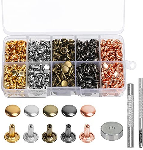 DKINY 250 sets Leder Nieten Metall Doppelkappe Nieten Set Ohrstecker Hohlnieten Nietenzange Leder Leather Rivet mit 3 Werkzeug Ösenzange für DIY Leder Handwerk Kleidung Tasche Schuhe Gürtel Reparatur