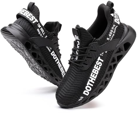 Furuian Säkerhetsskor för män och lätta säkerhetssneakers dam stålhätta ventilerande sko sneakers säkerhetsskor herr bekväma säkerhetsstövlar, svart, 45 EU