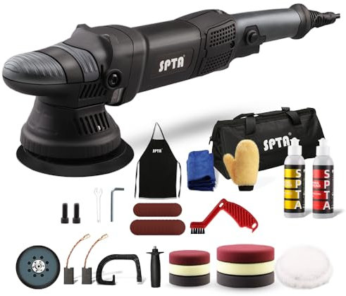 SPTA Car Polishing Machine, 900 W Eccentric Polisher, 6 Variable Speed, with 125 mm and 150 mm Polishing Sponge, Removable D-Handle and Side Handle, 4 m Cable, for Polishing Car, Boat, Motorcycle