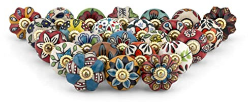 Craft Trade Sortiert Türschrankknopf Boho Antik Keramik-Türknöpfe Kommode Schublade Zieht Hardware Knöpfe fur Küche Möbel Messing und Schrank - 25 Stück