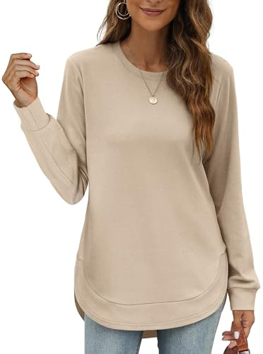 OFEEFAN Long Sleeve Shirts for Women Tunic Sweatshirts Women's Winter Clothing Womens Tops and Blouses Fall Clothes 2025 Early Fall Fashion Must Haves Boho Tops Beige L