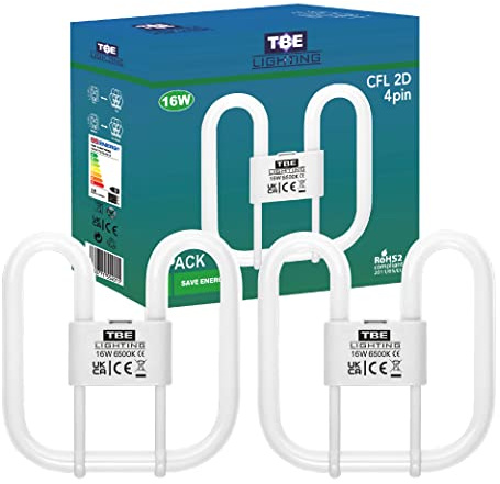 TBE LIGHTING Lampade a risparmio energetico CFL da 16 W, 2D, 4 pin, lampadine fluorescenti DD, attacco base GR10q a 4 pin, lunga durata, luce bianca 6500 K (confezione da 2)