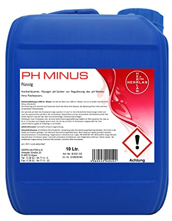 HERRLAN® pH Minus 10 litres / 11 kg – Réducteur de pH Liquide pour Piscine & Bassin – Régulation Professionnelle du pH pour systèmes au Chlore et à l’Eau salée – Fabriqué en Allemagne