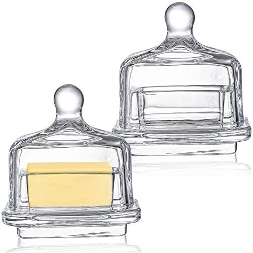 Dicunoy 2 Pack Glass Butter Dishes with Lids, Mini Butter Keeper Containers, Clear Butter Serving Storage Dish with Handle, Rectangle Crystal Small Butter Cloche for Mayo, Jelly, Jam, Candy