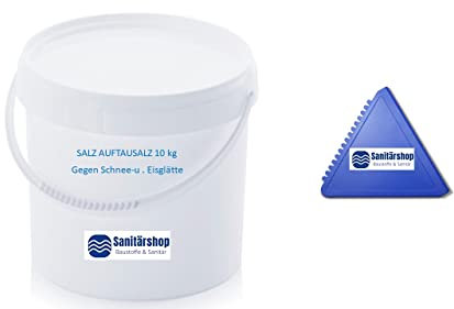 Sanitärshop Baustoffe & Sanitär set: 1 x Streusalz Auftausalz 10 kg Eimer Tausalz mit Langzeitwirkung bei dickeren Eis & Schneeschichten inkl. Sanitärshop Eiskratzer