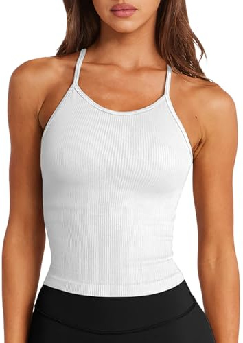 LASLULU Womens Sports Bra Halter Neck Crop Tops Seamless Casual Camisole Longline Running Athletic Bra Cropped Tops(White Small)