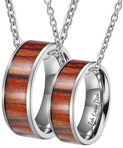 Bishilin Pärchen Halskette mit Gravur Edelstahl, Partnerkette Anhänger Ring 8MM mit Holz Halskette für Paare 2 Stück
