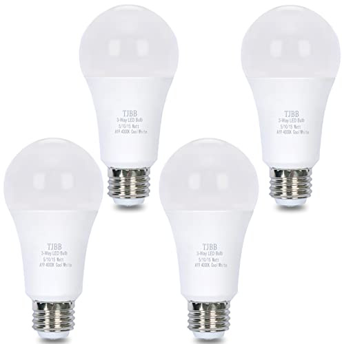 TJBB 4 Pack A19 E26 3-Way LED Light Bulbs, 5W=50W / 10W=100W / 15W=150W Equivalent, 4000K Cool White, 700/1400/2100 Lumens, Three Way Energy Saving Bulbs Non-Dimmable