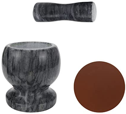 Meprotal Set di mortaio e pestello in marmo, 10,2 cm, con tappetino in silicone, per erbe, spezie, pillole, frantoi, mortaio, ciotola (nero)