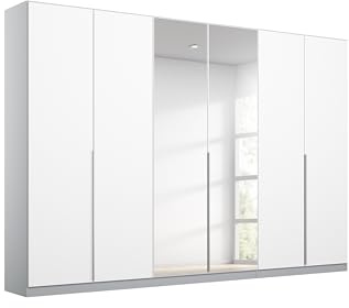 Rauch Möbel Alabama, Kleiderschrank, Farbe Weiß/Seidengrau, Breite 271 cm | Schrank, 6-türig, mit Spiegel, Zubehör Basic, für Schlafzimmer, Kinderzimmer, Homeoffice, Gästezimmer, Garderobe, Flur
