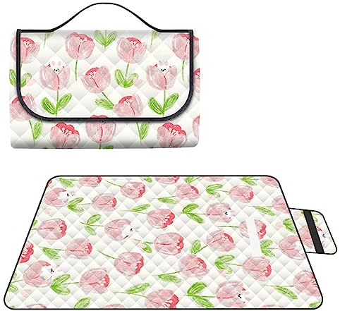 Yoonqun Picknickdecke 200x200cm,Wasserdicht Strandunterlage,Rosa Tulpenblüten Stranddecke XXL Weiche Campingdecke mit Tragegriff Strandmatte für Park,Garten,Strand,Waschbar