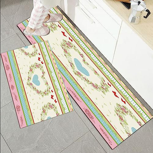 Küchenläufer Küchenmatte 2 Stück 45x70cm+45x120cm,Shabby Chic Dekor, Landhausstil Rosen und Ränder Schmetterlinge Ameise,Rutschfest Pflegeleicht, Anti-Müdigkeit Küchenteppich Teppich Läufer für Küche