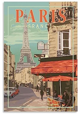 Paris Frankreich Vintage-Reiseposter, 40 x 60 cm, Leinwanddruck für Wohnzimmer, Schlafzimmer, Wohnheim, Zuhause, Büro, Wanddekoration