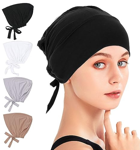 SKHAOVS 4 Piezas Hijab y Turbantes para Mujer - Musulmán, Transpirable, Con Cordones, Ajustable, Color Sólido - Gorro de Dormir de Algodón