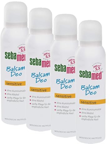 Sebamed Balsam Deo Sensitive Aerosol, Deo ohne Aluminium mit Aloe Vera, Deospray für Damen und Herren, zuverlässiger Schutz vor Körpergeruch, 24h-Effekt, 150 ml (Packung mit 4)