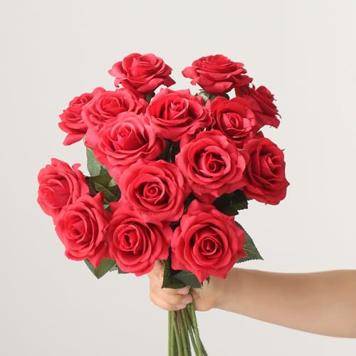 Buart Künstliche Seidenblumen, fühlen sich echt an, realistischer Rosenstrauß mit langem Stiel für Zuhause, Hochzeit, Party, Valentinstag, Muttertag, Tischdekoration, Rot, 14 Stück